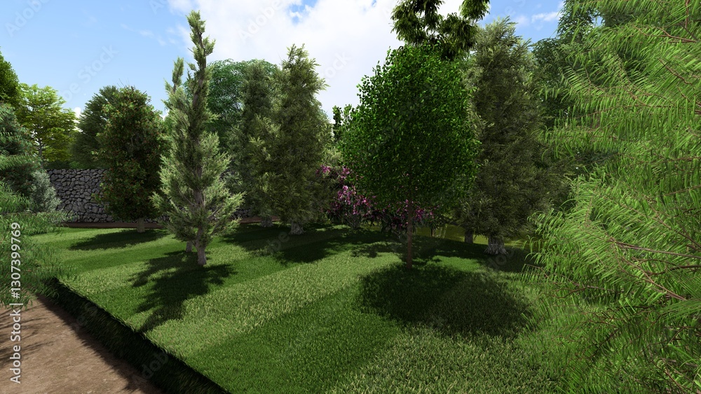 3d image of the landscape design of the home territory. Landscaping of the territory. Computer visualization of composite landscaping and landscaping solutions. 3d image of the landscape design of the home territory. Landscaping of the territory. Computer visualization of composite landscaping and landscaping solutions.