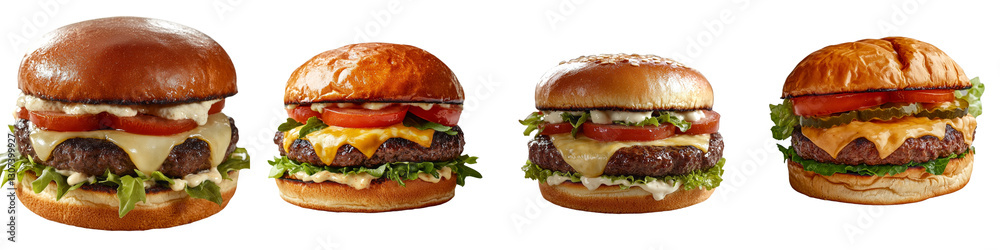 The Welsh Rarebit Burger is displayed from the front, showcasing a juicy patty smothered in Welsh rarebit cheese sauce, nestled in a classic British burger bun, against a white transparent background The Welsh Rarebit Burger is displayed from the front, showcasing a juicy patty smothered in Welsh rarebit cheese sauce, nestled in a classic British burger bun, against a white transparent background