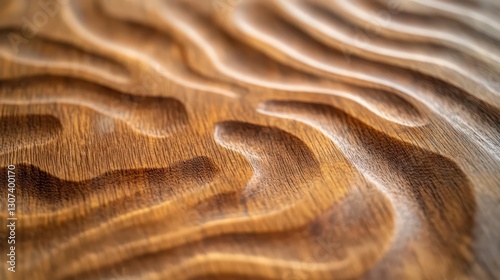 Close-up of intricate wood carving with wavy, fluid patterns and warm hues