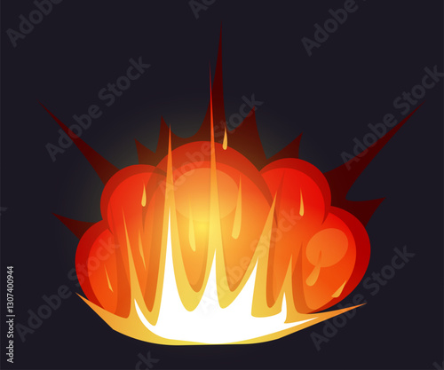 Explosion. Fire, red blaze, explode weapon. Comic atomic damage military attack. Dynamite destroy. Bright inferno detonate. Fireball burning. Cartoon flat isolated vector bomb illustration