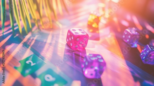Vibrant board game in progress with colorful dice and sunlit background