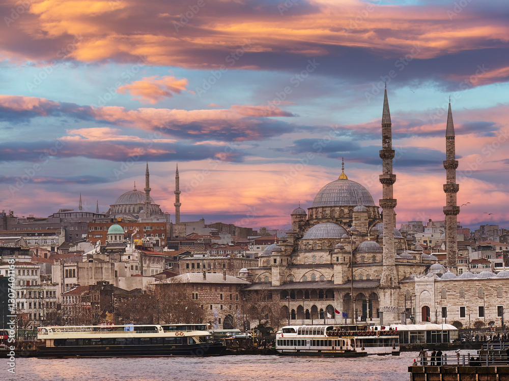 Obraz premium Scenic view of Istanbul's skyline at sunset, showcasing the historic mosque, elegant minarets, and a picturesque waterfront enriched by vibrant colors and cultural charm, Istanbul, Turkey