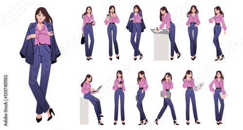 Business woman. Office people character. Happy young businesswoman. Standing or walking person. Working female. Formal clothing. Girl holding laptop or document. Vector different poses set