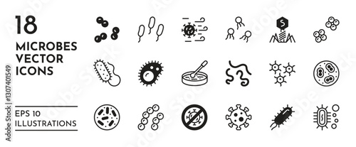 Disease icon. Microbiology logo. Illness microbe. Bacteria and virus cell. Human immune pathogen in mold. Laboratory diagnostic. Hygiene and sanitary. Vector epidemiology symbols set