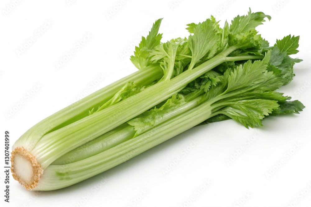 whole celery stalk with leafy greens, showcasing its texture, freshness, and natural color vibrancy whole celery stalk with leafy greens, showcasing its texture, freshness, and natural color vibrancy