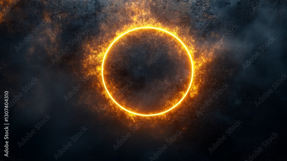 A glowing orange ring surrounded by fire against a dark background A glowing orange ring surrounded by fire against a dark background