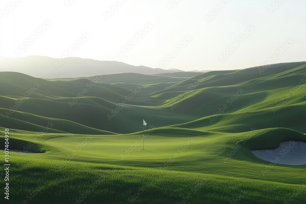 Fototapeta premium Serene golf course with rolling hills and a flag marking the hole in calming sunlight Generative AI
