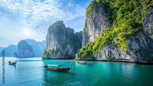 Turquoise Waters Surround Majestic Cliffs And Verdant Green Vegetation