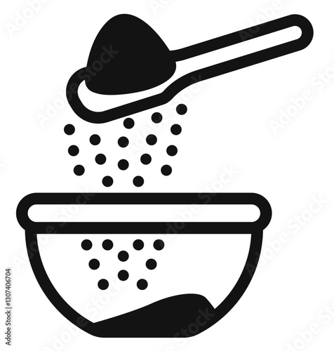 icon of a spoon pouring granulated sugar into a bowl representing cooking baking or food preparation.