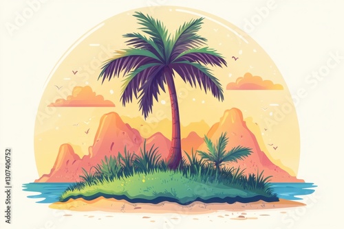 A tropical island paradise with a tall palm tree sandy beach and distant mountains under a warm inviting sky