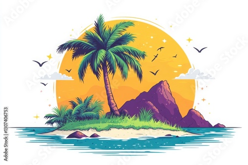 Tropical island getaway featuring a palm tree sandy beach turquoise waters purple rocks flying birds and a golden sun in the backdrop