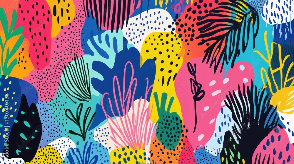 Vibrant abstract pattern of tropical foliage and shapes Vibrant abstract pattern of tropical foliage and shapes