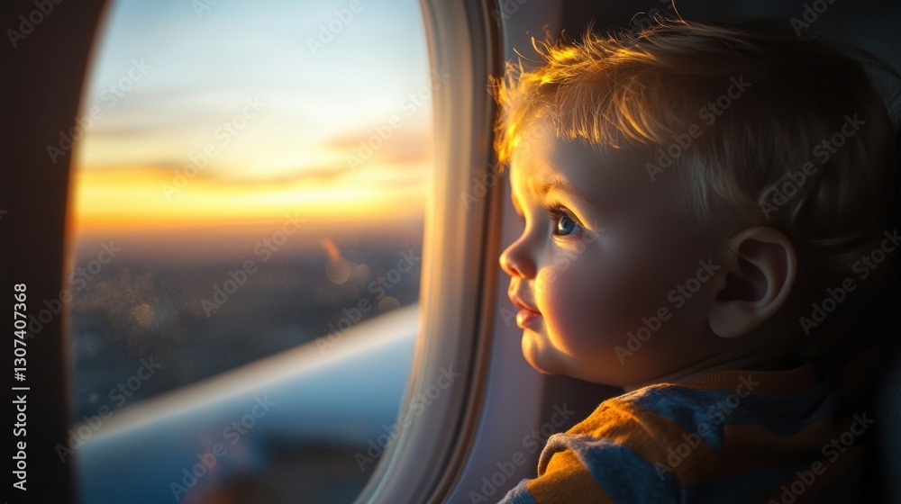 Child gazes out airplane window at sunset during flight Child gazes out airplane window at sunset during flight