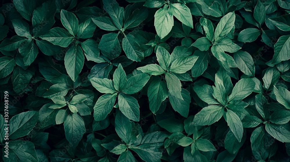 Close up view shows many green leaves on dark background Close up view shows many green leaves on dark background