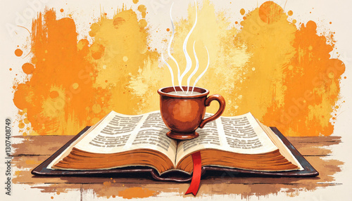 Bible with steaming cup on rustic table, reflection and fasting