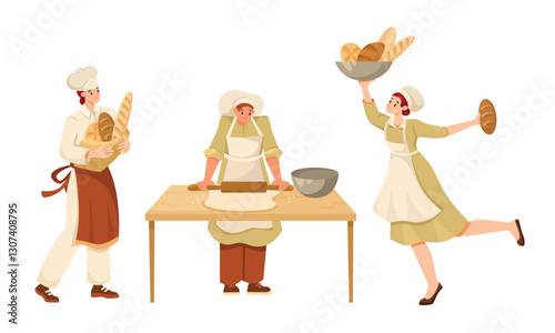 Man Bread Bakers in Uniform and Toque Baking Pastry Vector Set