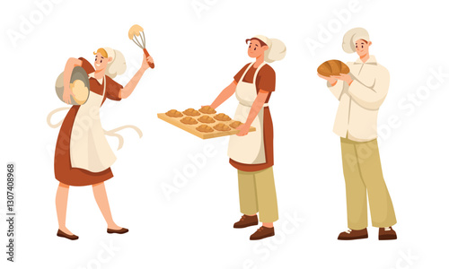 Man Bread Bakers in Uniform and Toque Baking Pastry Vector Set
