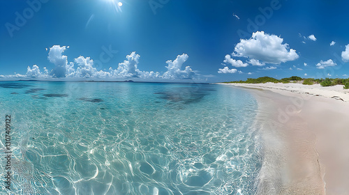 Idyllic Beach Paradise: Tranquil Waters Meet Pristine Shores under Sunny Skies