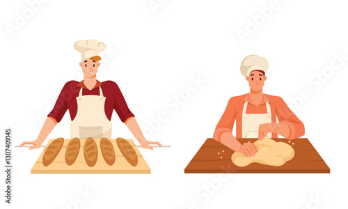 Man Bread Bakers in Uniform and Toque Baking Pastry Vector Set