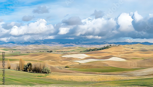 Rolling hills of Palouse region, Washington under a clouded sky landscape