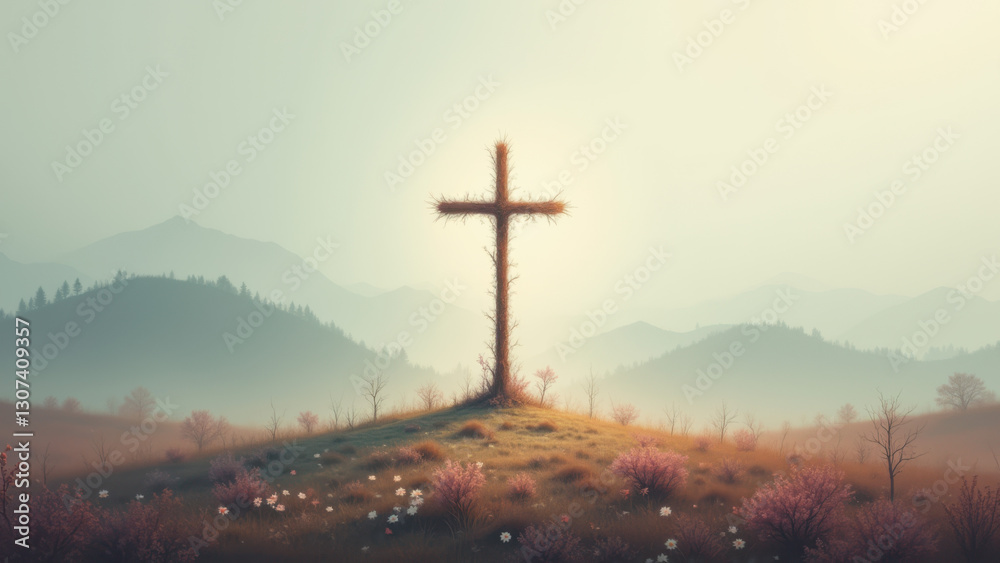 Obraz premium A serene landscape featuring a cross silhouetted against the sun on a mountain peak with misty hills below.