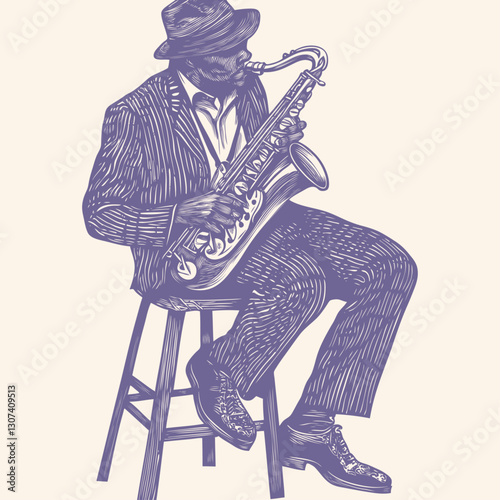 Vector illustration in vintage engraving style depicting a jazz musician playing saxophone while seated on a stool. A figure in a suit and hat, capturing the essence of classic jazz performance.