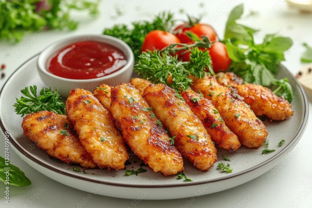 Golden fried chicken strips with ketchup fresh herbs and cherry tomatoes on a white plate A delicious and savory treat Golden fried chicken strips with ketchup fresh herbs and cherry tomatoes on a white plate A delicious and savory treat