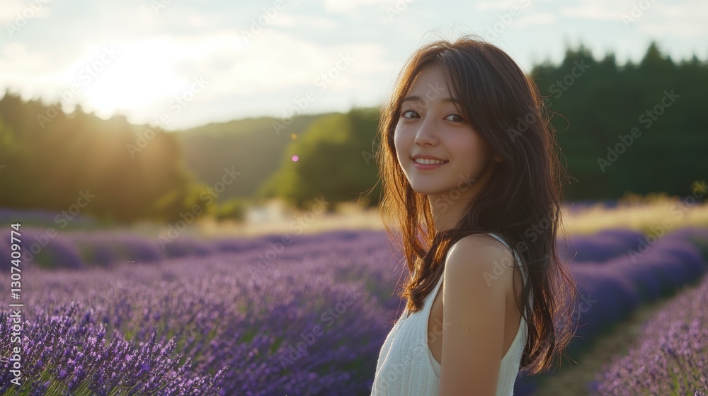 Woman enjoying lavender fields at sunset with a serene smile Woman enjoying lavender fields at sunset with a serene smile