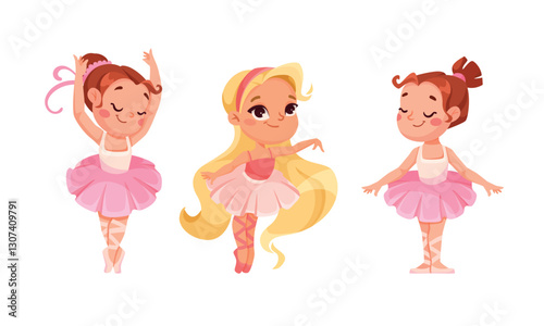 Cute Girl Ballerina in Tutu Skirt and Pointe Shoes Dancing Ballet Vector Set