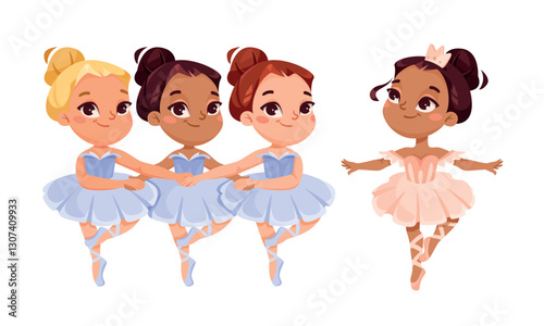 Cute Girl Ballerina in Tutu Skirt and Pointe Shoes Dancing Ballet Vector Set