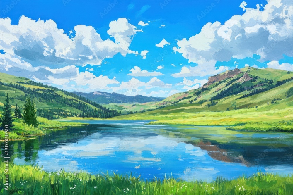 Fototapeta premium Serene mountain lake landscape under a vibrant blue sky with fluffy white clouds, reflecting the scenery perfectly. Lush green hills and grasslands surround a calm lake.