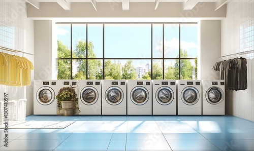 Light laundry interior with row of washing machines and panoramic window.