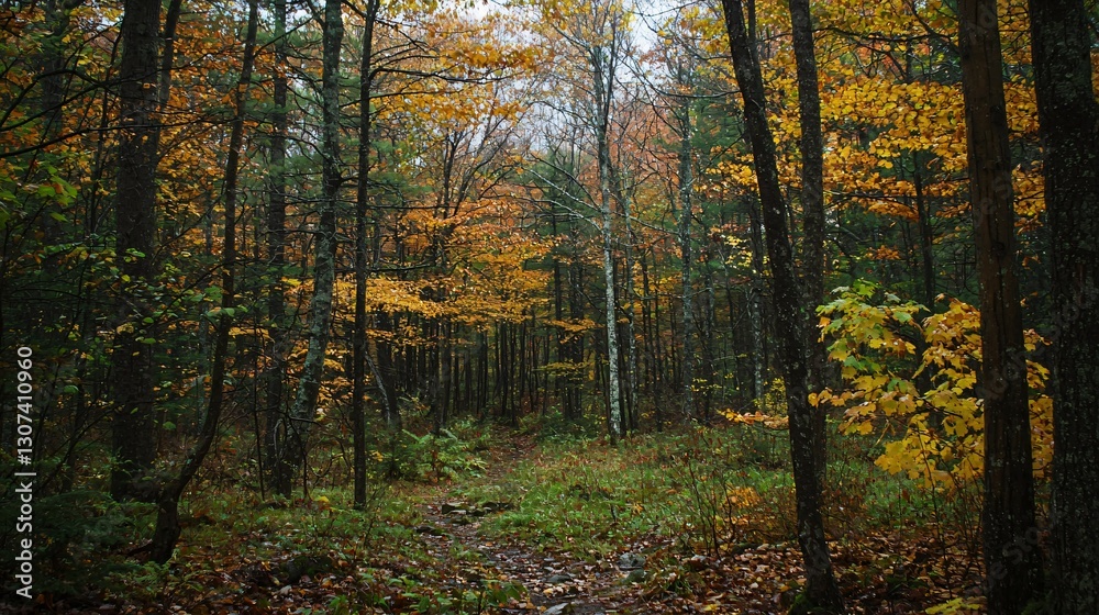 A forest path surrounded by trees with autumn colored leaves A forest path surrounded by trees with autumn colored leaves