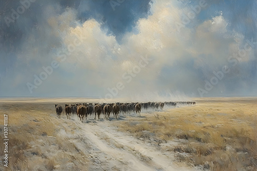Oil painting captures a herd of horses grazing peacefully on a vast, open grassland