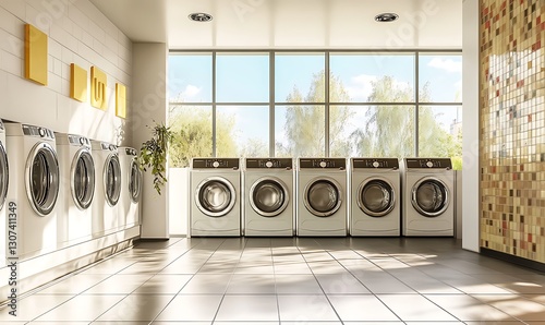 Light laundry interior with row of washing machines and panoramic window.