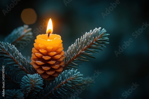 Pinecone candle aglow nestled among frosted evergreen branches casting a gentle light against the winter's dusk A cozy winter scene