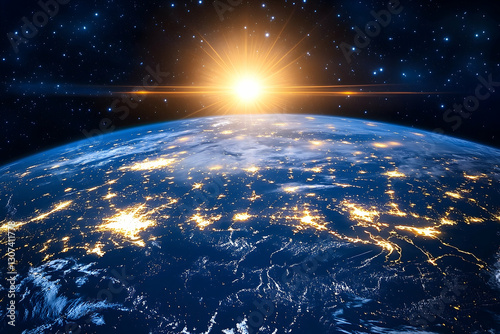 Earth at night, shining city lights and a rising sun illuminate the view