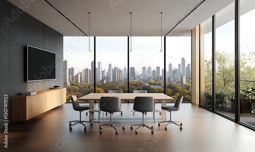 A Modern conference room with chairs, wooden table, and large windows overlooking cityscape.