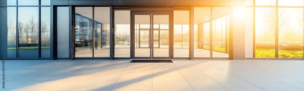 Fototapeta premium Modern glass entrance with sunlight streaming in, showcasing a bright and inviting atmosphere.