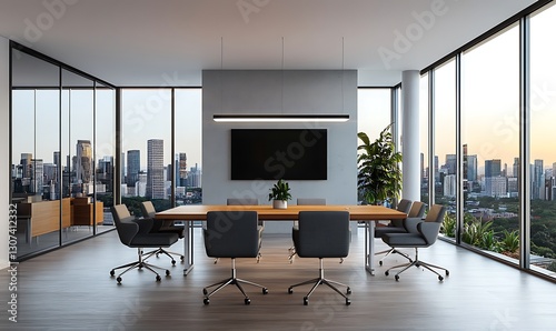 A Modern conference room with chairs, wooden table, and large windows overlooking cityscape.