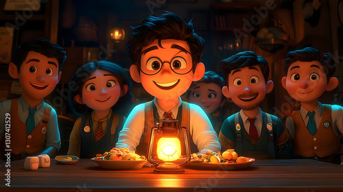 Animated Celebration: Joyful Gathering Around a Table in Festive Lighting