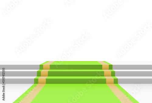 Green carpet on stairs on white background. Blank template illustration with space for an object, person, logo, text. Presentation, gala, ceremony, awards concept.