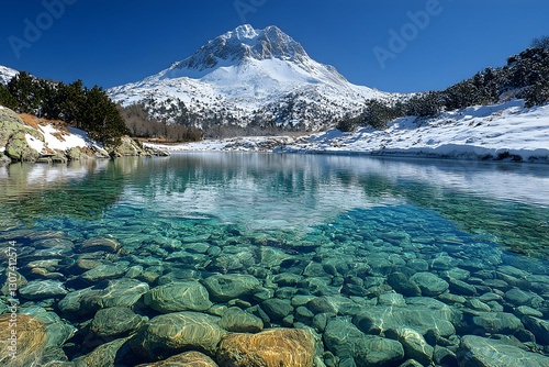 Mesmerizing Alpine lake with crystal clear water and snowy mountain peak