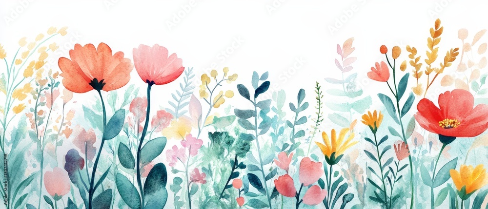 Fototapeta premium Whimsical watercolor garden featuring vibrant flowers nature digital art calm environment close-up viewpoint artistic concept