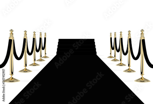 Black carpet with stairs, podium, ropes and golden stanchions. Vector illustration.