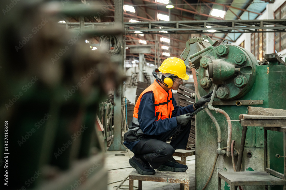 Confident engineer man with safety helmet standing analyzing with tablet in factory warehouse. Asian technician factory inspection and control machinery in industry factory. Confident engineer man with safety helmet standing analyzing with tablet in factory warehouse. Asian technician factory inspection and control machinery in industry factory.