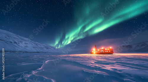 Mystic Aurora Borealis over Polar Landscape with Lighted Building