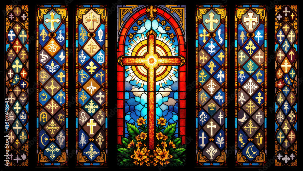 Stained glass windows featuring Christian motifs. Stained glass windows featuring Christian motifs.