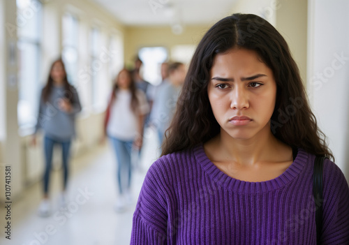 Sad high school student feeling excluded and lonely, with other students walking in the background