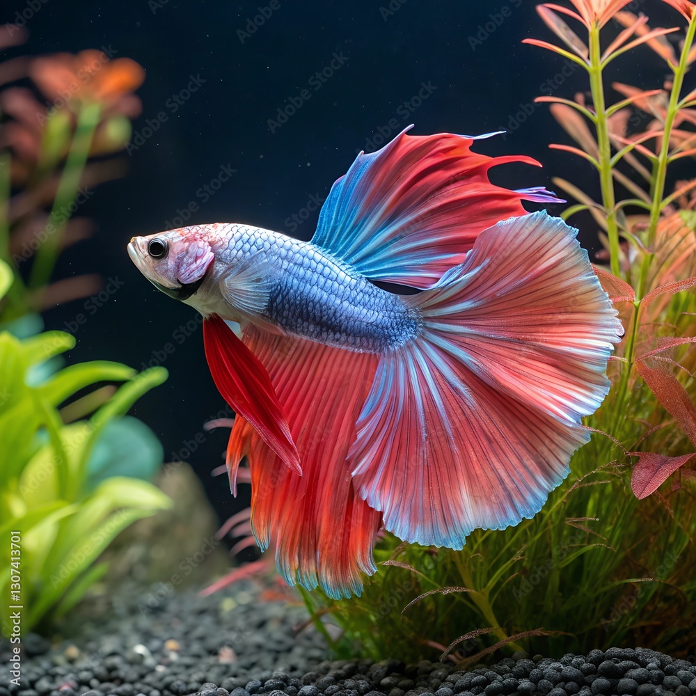 Obraz premium Transparent PNG available The image shows a beautiful betta fish with vibrant colors. It has a long, flowing tail and is surrounded by colorful plants.